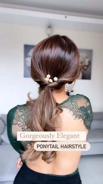 Stylish Ponytail Easy Hairstyles, Easy Trendy Hairstyles, Selfie Challenge, Pony Hairstyles, Elegant Ponytail, Ponytail Hairstyle, Brunette Hair With Highlights, Trendy Hairstyle, Pink Gowns