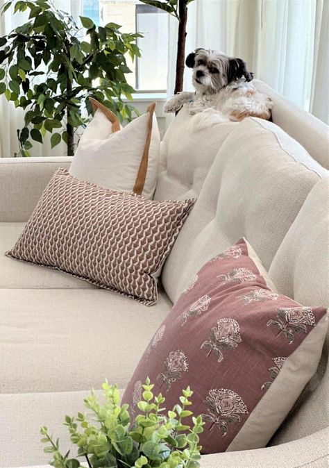 Throw Pillows Pink Couch, Green And Dusty Rose Bedroom, Sims Sunroom, Mauve Fall Decor, Dusty Rose Living Room, Maroon Living Room, Mauve Living Room, French Cottage Living Room, Mauve Bedroom