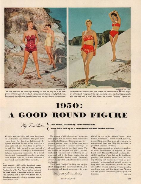 Celebrating A Woman's 'Roundness': A 1950 Fashion Magazine Spread 1950 Beach, 1980s Magazine, 1950s Magazine, Vintage Vogue Covers, Fashion Magazine Layout, 잡지 레이아웃, Magazine Spread, Holiday Magazine, 1950 Fashion