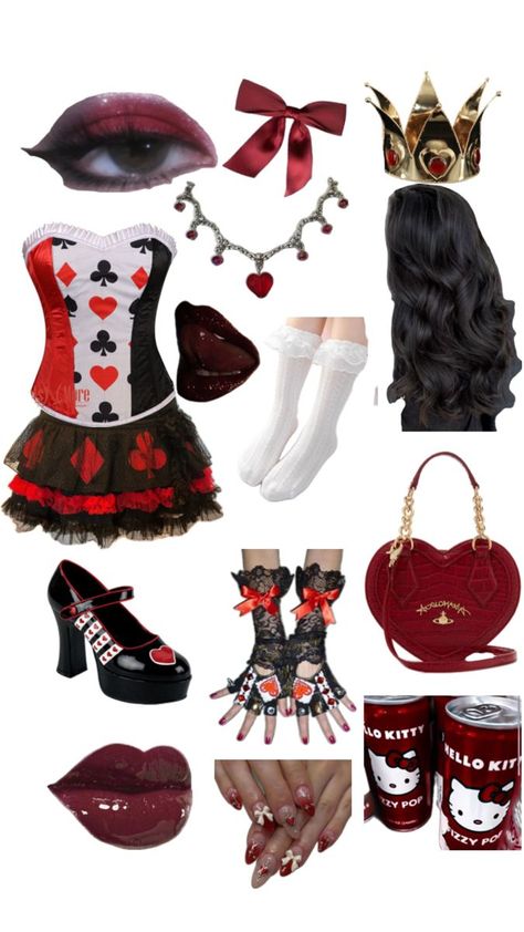 Cute Halloween Costume Ideas One Person, Queen Of Hearts Themed Outfits, Alice And Red Queen Costume, Plus Size Queen Of Hearts Costume Diy, Queen Of Hearts Costume Ideas Diy, The Queen Of Hearts Alice In Wonderland, Halloween Queen Of Hearts Costume, Hot Queen Of Hearts Costume, Queen Of Hearts Outfit Inspiration