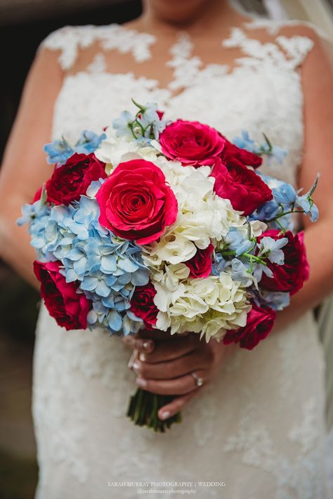 White and Blue Hydrangeas and Red Roses Bridal Bouquet – New Seabury Country Club, Cape Cod, Mashpee, Massachusetts Red And Blue Bridal Bouquet, Red White Blue Bouquet, Light Blue And Red Wedding, Red And Blue Bouquet, Red Roses Bridal Bouquet, Wedding Pallettes, Mashpee Massachusetts, Red Wedding Flowers Bouquet, Wedding Bouquet Red