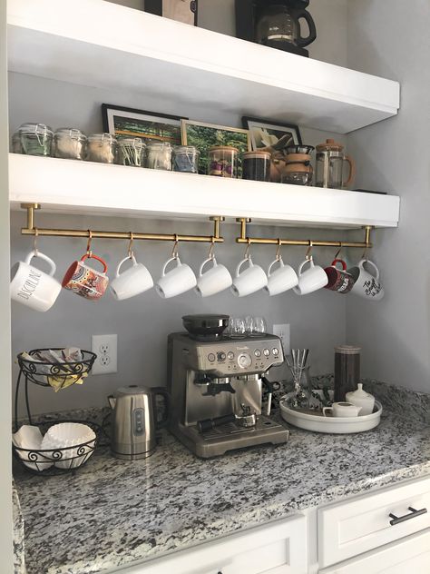 Transform your butler’s pantry into the ultimate beverage station! Check out this butler’s pantry organization. At Home Coffee Bar, Kaffe Bar, Coffee Bar Ideas Kitchen Counter, At Home Coffee, Coffee Station Kitchen, Coin Café, Coffee Area, Coffee Bar Station, Coffee Bar Ideas