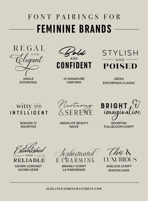 Nine font pairings for feminine brands to create logos, art prints, stationery, invitations and more! Feminine Font, Feminine Fonts, Developer Logo, New Business Ideas, Font Pairing, Feminine Logo, Graphic Quotes, Brand Board, Typographic Design