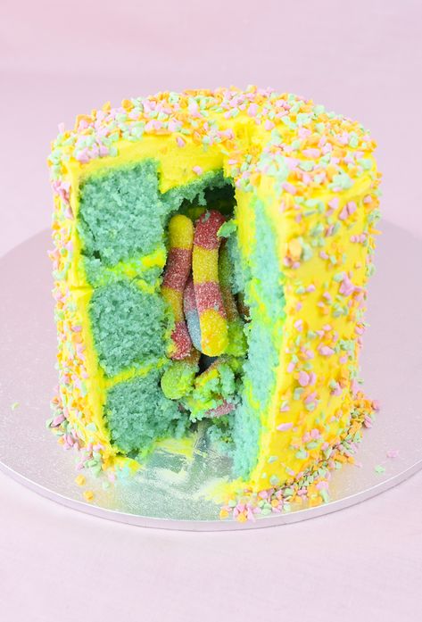 Sour Patch Birthday Cake, Sour Candy Birthday Cake, Sour Candy Cake, Sprinkle Filled Cake, Sour Patch Kids Cake, Candy Filled Cake, Filled Cakes, Worm Cake, Sour Gummy Worms