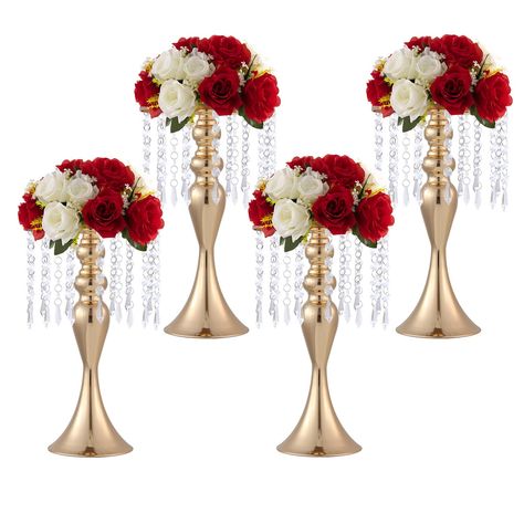 Wedding Anniversary Dinner, Wedding Flower Vase, Simple Wedding Reception, Dinner Centerpieces, Red Centerpieces, Beauty And Beast Wedding, Wedding Room Decorations, Centerpiece Home, Gold Centerpieces