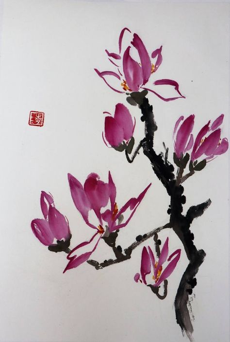 Original fine art painting by Christel Lane (United States). This one-of-a-kind watercolor on rice paper (xuan) painting measures 12.5W x 18.3 H inches, and is framed. The botanic painting ships in a tube directly from the artist's studio and is covered by the 14-day satisfaction guarantee from Saatchi Art, so you can buy with confidence. Chinese Art Flower, Chinese Art Style, Botanic Painting, Chinese Painting Flowers, Magnolia Paint, Japanese Ink Painting, Sumi E Painting, Watercolor Flowers Tutorial, Chinese Brush Painting