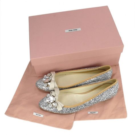 Miu Miu glitter flats Glitter Flats, Glitter Bow, Toe Shoes, Salvatore Ferragamo Flats, Silver Glitter, Loafers For Women, Leather Trims, Miu Miu, Flat Shoes Women