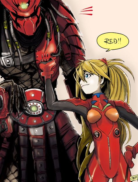 Red - Evangelion with Predator Predator Comics, Predator Alien Art, Blue Eye Color, Asuka Langley, Arte Robot, Alien Vs Predator, Funny Boy, Alien Vs, 5 Anime