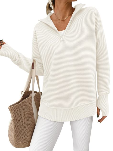 PRICES MAY VARY. Material:Our womens sweaters pullover is made of soft and cozy ribbed knit fabric,perfect for chilly days or layering during transitional seasons.Size Guide:S=US 4-6, M=US 8-10, L=US 12-14, XL=US 16-18, XXL=US 20 Features:Long sleeve sweaters for women,v neck sweaters woman,quarter zip pullover women lightweight,womens sweaters fall 2024,tunic sweater,thumb hole sweaters for women loose fit,knitted sweaters for women,collared sweaters for women,oversized sweaters for women Desig Lightweight Womens Sweaters, Womens Quarter Zip Pullover, Cute Oversized Sweaters, White Pullover Sweater, Fall Sweaters For Women, Skirt Heels, Oversized Sweater Women, Comfortable Sweater, Collars For Women