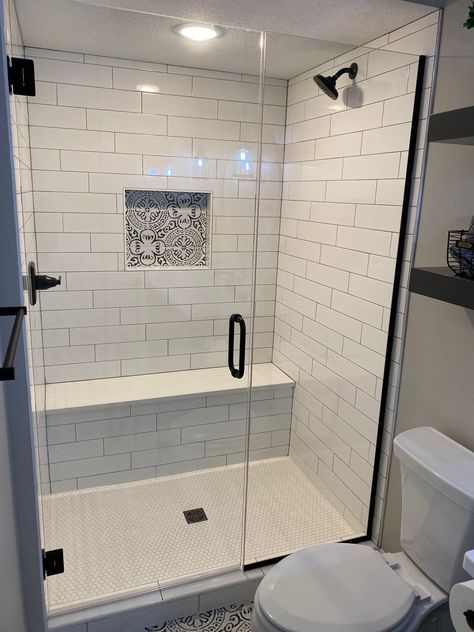 Walk In Shower With White Subway Tile, Small Guest Bathroom Shower Ideas, Shower Stall With Curtain Instead Of Door, Standing Tile Shower Ideas, Small Stand Up Shower Remodel Tile, Tub To Stand Up Shower Remodel, Small Restroom Ideas Showers, 3x4 Shower Master Bath, 5ft Walk In Shower Ideas