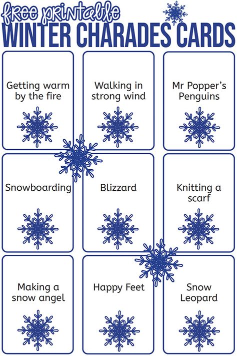 Free Printable Winter Charades Cards Winter Charades For Kids, Charade Games For Kids, Christmas Charades For Kids, Reverse Charades Word List, Camping Charades Free Printable, Mr Popper, Charades Cards, Charades Game, Weather Words