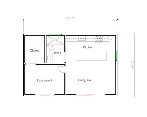 Plan Name: ADU_107_600SF ADU Dimensions: (30'-0"Width X 20'-0"Length) 1 Bedroom 1 Bath Modern Layout(Accessory Dwelling Unit). Excellent ADU Floor Plan that is approximately 600 sq. ft. Open kitchen to living room.  This is for a PDF plan available for instant download. The PDF file will include a fully-dimensioned floor plan, including door and window sizes, and four exterior elevation views (front, back, right, & left). All PDF drawings are on 24"x36" paper and drawn at 1/4" scale. **Feel free to message me with any questions. Original CAD file can be purchased with an additional cost of $25. Please message me for more details. No refunds or returns. DISCLAIMER: These plans were drawn by myself and mainly for ideas and for conceptual use. These were not checked by a licensed architect or 20 X 30 Floor Plan Layout 1 Bedroom, 1 Bedroom Apartment Floor Plan, Unit Floor Plan, Small Apartment Floor Plans, Granny Annexe, Floor Plan With Dimensions, Exterior Elevation, Apartment Floor, Modern Layout