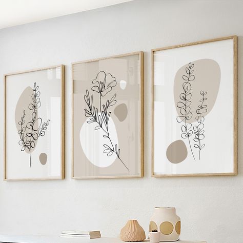 "Introducing our Minimalist Flowers Set of 3 Prints. These captivating prints feature delicate line art, perfect for creating a serene and aesthetic gallery wall. With their neutral tones and minimalist design, they add a touch of elegance to your room decor. Elevate your space with this stunning wall art set, bringing a sense of simplicity and beauty to your home. Original art size is 24x36 inches. Each part of the set has a max size 24\"x36\" This is an INSTANT DIGITAL DOWNLOAD file. No physic Wall Art For Gray Living Room, Many Paintings On Wall, Minimalist Pictures For Wall, Wall Prints Simple, Modern Art Minimalist, Neutral Wall Art Bedroom, Beige Room Decor, Plant Gallery Wall, Aesthetic Art Paintings