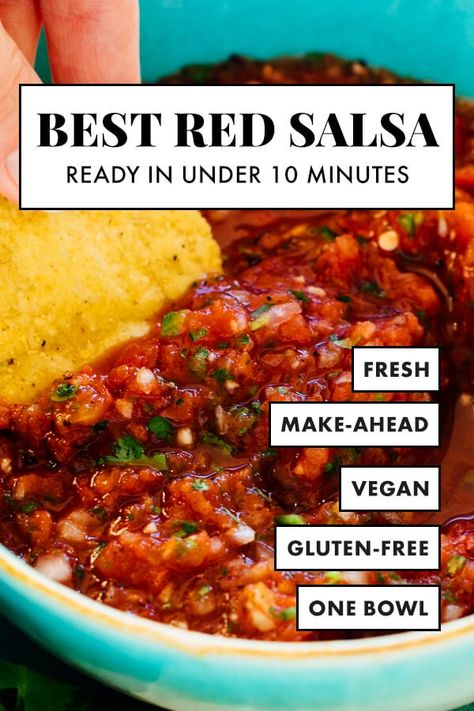 The BEST red salsa recipe, ready in under 10 minutes with only 6 ingredients! One secret to making this delicious, fresh salsa recipe is to buy the right canned tomatoes. #cookieandkate #redsalsa #salsarecipe #bestsalsa #homemadesalsa Red Salsa Recipe, Roasted Tomato Salsa Recipe, Nice Meals, Light Dishes, Hearty Breakfasts, Best Salsa Recipe, Homemade Salsa Verde, Tomato Salsa Recipe, Fresh Salsa Recipe