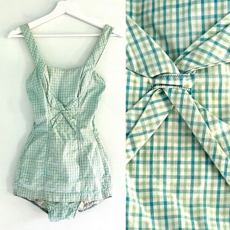 Vintage 40’s Jantzen Mint Green Aqua Blue & White Plaid Bathing Suit Swimsuit Vintage Late 1940’s Early 50’s Jantzen Mint Green Aqua Blue & White Plaid Bathing Suit Swimsuit. One Piece Romper Swimsuit Bathing Suit Made In The Usa. In Gently Used Condition (Some Areas Of Light Discoloration-See Pics- One Area Of Gray Near Zipper And Hand Stitched Seam Repair At Back Waist). Cotton Fabric Vintage Size 10 Fits Like A Modern Size Xs/S Measurements Bust:33-34” Waist:23” Hips:35” Shoulder To Stride:27-30” Vintage Bathing Suit, Swimsuit Vintage, Romper Swimsuit, One Piece Romper, Vintage Swim, Swimsuit One Piece, Suit Swimsuit, Green Aqua, Vintage Swimwear