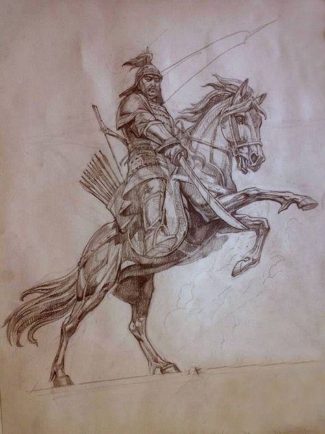 Horse Archer Warrior On Horse Drawing, Person On Horse Drawing, Man Riding Horse Drawing, Archer On Horse, Horse Riding Art, Warrior On Horse, Horse Warrior, Horse Archer, Mounted Archery