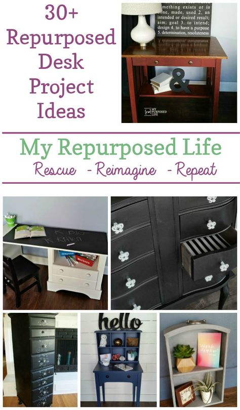 Repurposed Desk Project Ideas - My Repurposed Life® Repurposed Desk Ideas Upcycling, Old School Desk Ideas, Desk Upcycle Ideas, School Desk Ideas, Repurpose Desk, Old School Desk, Repurposed Desk, Diy Office Desk, Funky Junk Interiors