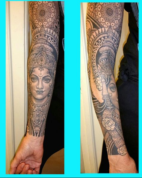 Saraswati tattoo. Black and grey sleeve tattoo. Beautiful tattoo. Saraswati Hindu goddess tattoo by anderson luna @saved tattoo in brooklyn. Hindu Tattoo Sleeve, Saraswati Goddess Tattoo, Indian Goddess Tattoo, Hindu Goddess Tattoo, Indian God Tattoo, Saraswati Tattoo, Hindu God Tattoo, Lakshmi Tattoo, Tattoo Hindu