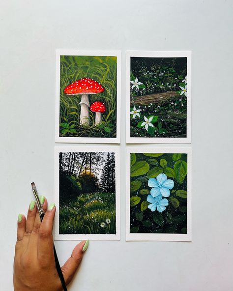 I want to go back to painting greens!!!🍃🍄🌼 Mini A6 sized gouache paintings from long back. [cottage core, countryside, nature paintings, landscape, forest, artwork, artist] #gouache #gouachepaintings #forest #naturelovers #painting #artist #artworks #ａｅｓｔｈｅｔｉｃ Mini Gouache Painting, Aesthetic Mini Painting, Cottage Core Drawings, Aesthetic Nature Painting, Green Aesthetic Painting, Artworks Aesthetic, Acrylic Nature Painting, Cottage Core Painting, Canvas Painting Nature