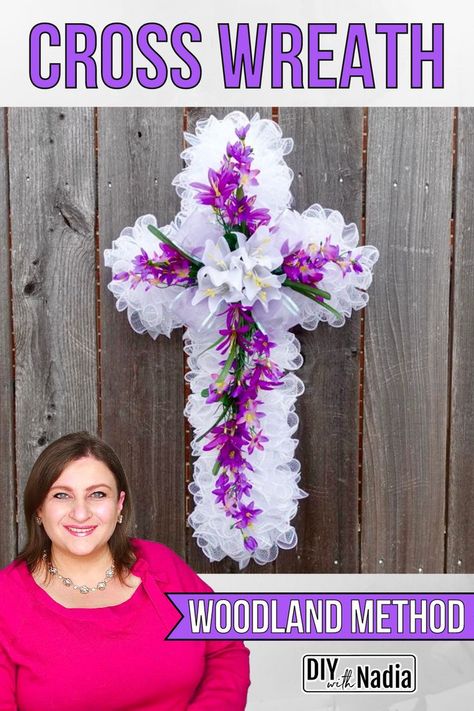 Deco Mesh Easter Cross Wreath Woodland Method | Dollar Tree Step by Step Wreath DIY Tutorial Deco Mesh Cross Wreaths, Cross Wire Wreath Diy, Dollar Store Cross Wreath Diy, Tulle Cross Wreath Diy, Cross Deco Mesh Wreaths, Cross Wreaths For Front Door Diy, Dollar Tree Cross Wreath Form Ideas, Deco Mesh Crosses, Deco Mesh Cross Wreaths Diy Tutorials