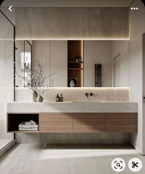 Long Restroom Ideas, Minimalistic Modern Bathroom, Small Luxurious Bathroom, Modern Bathrooms 2024, Ltk Home, Hotel Bathroom Interior Design, Patina Bathroom, Modern Natural Bathroom, Living Room With Wallpaper