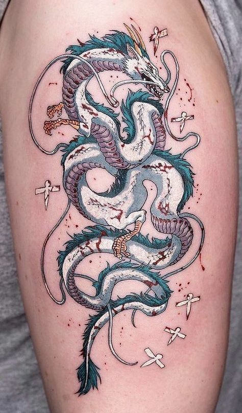 Haku Dragon Tattoo, Tatuaje Studio Ghibli, Haku Dragon, Red Dragon Tattoo, Dragon Tattoo Ideas, Dragons Tattoo, 16 Tattoo, Small Dragon Tattoos, Ghibli Tattoo