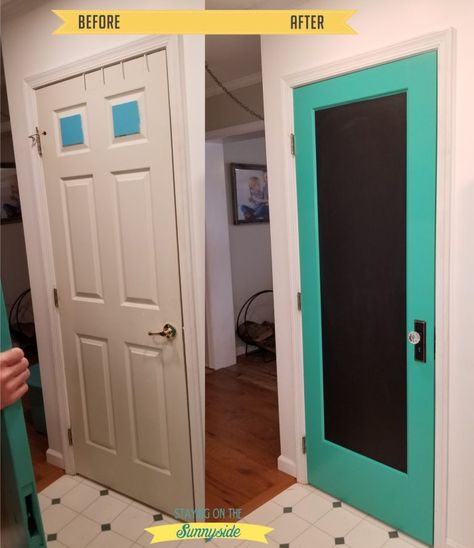 Pantry Door Update, Chalkboard Pantry Door, Chalkboard Pantry Doors, Painted Pantry Doors, Door Update, Chalkboard Contact Paper, 5 Panel Doors, Painted Pantry, Farmhouse Kitchen Colors