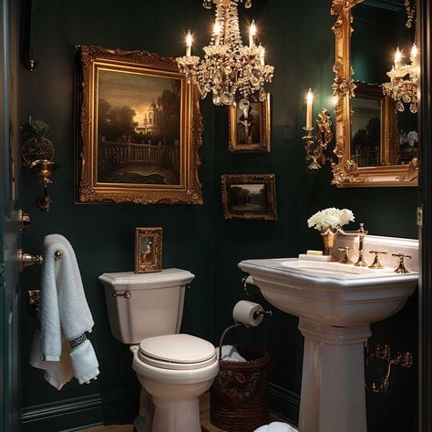 Dark Green Victorian Bathroom, Victoria Bathroom Ideas, Small Bathroom Ideas Moody, Small Dark Academia Bathroom, Dark Moody Half Bathroom, Dark Academia Aesthetic Bathroom, Ministry Of Magic Bathroom, Dark Academia Powder Room, Moody Restroom