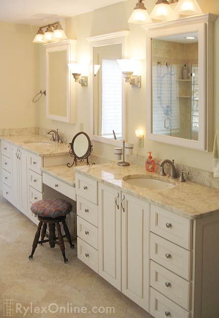 bathroom vanity with makeup counter | Granite Bathroom Vanity | Orange County, NY and beyond | Rylex Custom ... Bathroom Vanity With Makeup Counter, Makeover Kamar Mandi, Bathroom Vanity Remodel, Granite Bathroom, Bathroom With Makeup Vanity, Best Kitchen Design, Master Bath Vanity, French Country Bathroom, Bathroom Vanity Designs