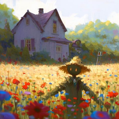 a scarecrow in a flower field  in front of a house, a storybook illustration by Nathan Oliveira, featured on pixiv, american scene painting, storybook illustration, official art, detailed painting Scarecrow Window Painting, Aesthetic Scarecrow, Scarecrow Aesthetic, Scarecrow Illustration, Scarecrow Drawing, Scarecrow Character, Scarecrow Art, Scarecrow Painting, Fall Chalkboard