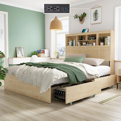 PRICES MAY VARY. The headboard of the bed frame is made of hand-woven natural rattan, the wooden finish makes this bed very natural and clean. The equipped headboard bookshelf storage and charging station can meet bedroom storage needs, allowing for easy charging and placing of daily items. The wooden drawer board is welded with sturdy iron bars, which can store additional seasonal clothes, towels, or blankets, making better use of the space under the bed. Equipped with smooth wheels for easy pu Queen Beds With Drawers, Boxes Bed Frame, Beds With Storage Drawers Wood, Sklat Bed, Bed With Drawers No Headboard, Clothes Storage Bed, Bedframe Headboard Storage, Bedfram With Storage, Bed With No Storage