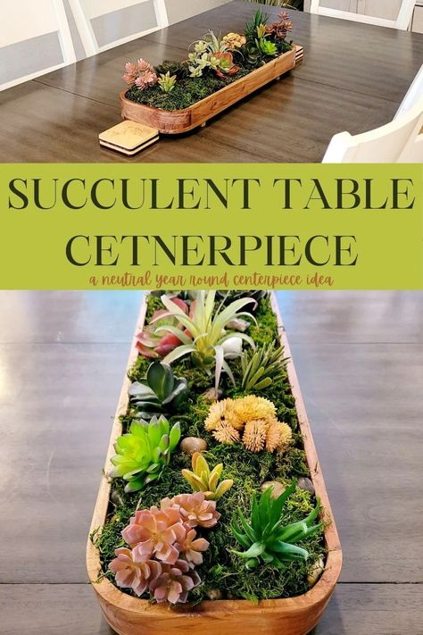 Beautiful Succulent Table Centerpiece | A Neutral and Year Round Centerpiece Idea Small Entryway Organization, Diy Succulents Centerpiece, Succulent Table, Dough Bowl Centerpiece, Succulent Bowls, Mom Activities, Succulent Centerpieces, Wooden Dough Bowl, Fun Easy Recipes