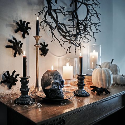 Crate & Barrel 2020 Halloween Decorations Halloween Decorations Bedroom, Modern Halloween Decor, Decorations Bedroom, Spider Decorations, Modern Halloween, Easy Halloween Crafts, Skull Candle, Halloween Table, Black Candles