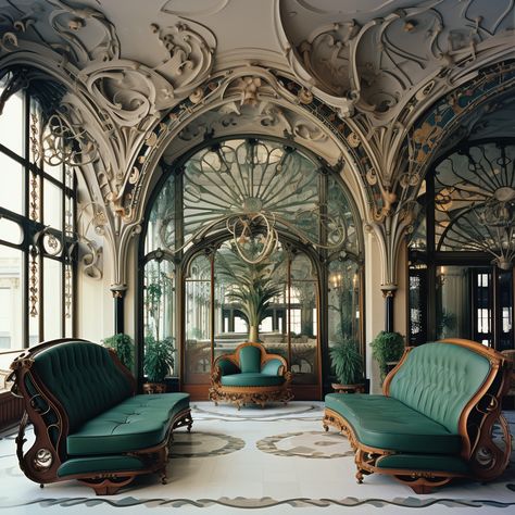 Art Nouveau: An ornamental style characterized by flowing lines, organic forms, and intricate details. Art Nouveau Living Room Interior Design, Art Nouveau Couch, Art Nouveau Architecture Interior, Art Nouveau Interior Design, Art Nouveau Living Room, Surreal Architecture, Art Nouveau Bedroom, Modern Art Nouveau, Art Nouveau Modern