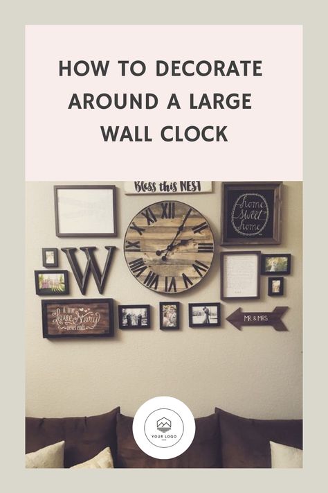 Discover creative ways to enhance your large wall clock’s presence while balancing style and function—your perfect decor solution awaits! Clock And Frames Wall Ideas, Gallery Wall With Clock Living Room, Wall Clock Gallery Wall, Decorating Around A Clock On The Wall, Gallery Wall With Clock, Clock Wall Decor Layout, Wall Collage With Clock, Large Clock Wall Decor, Wall Decor With Clock