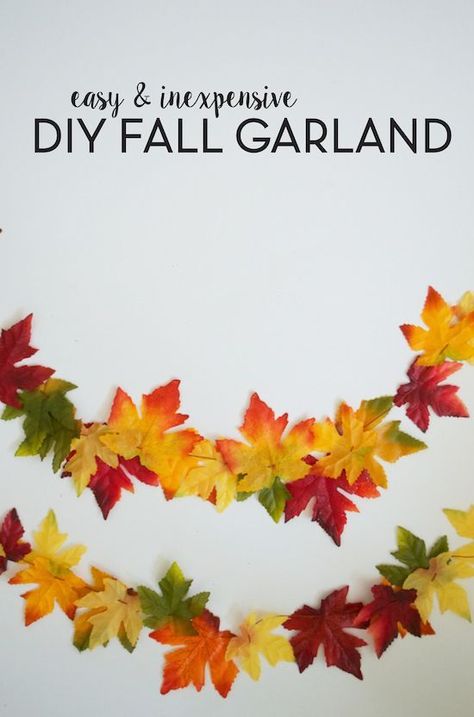 Easy & Inexpensive DIY Fall Garland. Made from dollar store leaves! Thanksgiving Decor | Fall Craft Idea Leaves Classroom Theme, Nature Candles, Fall Garland Diy, Diy Projects For Fall, Diy Fall Garland, Childminding Ideas, Leaf Printing, Autumn Farmhouse, Autumn Leaves Craft