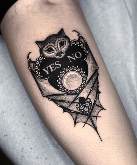 Bat Planchette by Tyler Pawelzik, an artist at Black Casket Tattoo in Scranton, Pennsylvania. Planchette Tattoo, Bat, Black