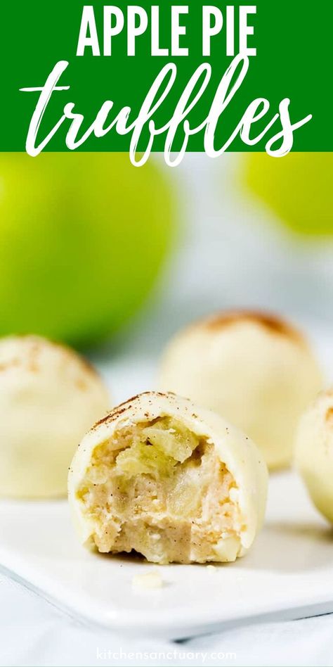 Apple Pie Truffles are one of a kind. Fresh apple truffles dipped in white chocolate and dusted with cinnamon. No baking required for these homemade truffles. #dessert #truffle #apple #pie #nobake #recipe #easy #best #fresh Apple Pie Truffles, Apple Truffles, No Bake Apple Pie, Kitchen Sanctuary, Homemade Truffles, Dessert Truffles, Homemade Snickers, Truffle Butter, Candy Truffles