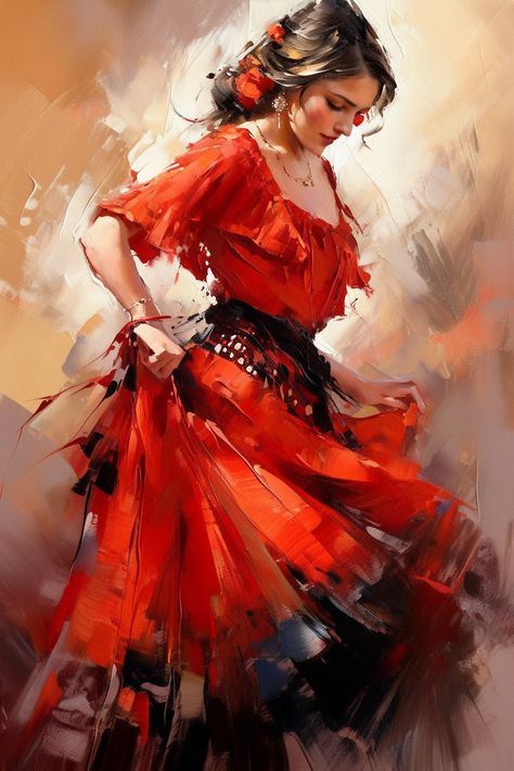 Surabhi Das, Dance Artwork, Dancing Woman, Spain Art, Dancer Painting, Dance Paintings, Flamenco Dancers, Digital Portrait Art, Textured Canvas Art