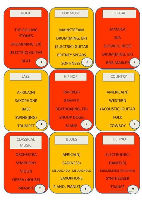 18 Taboo Cards on Music Genres (2 pages) | Taboo cards, Taboo game, Taboo Taboo Cards, Country Rap, Taboo Game, Jazz Hip Hop, Blues Music, Music Genres, Not Allowed, Snoop Dogg, Teaching English