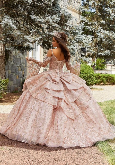 Rhinestone and Crystal Beaded Patterned Glitter Quinceañera Dress Quinceanera Dresses Damas, Damas Dresses, Pink Quince, Quince Dress, Metallic Embroidery, Quince Ideas, Dresses Quinceanera, Prom Dress Shopping, Pageant Dress