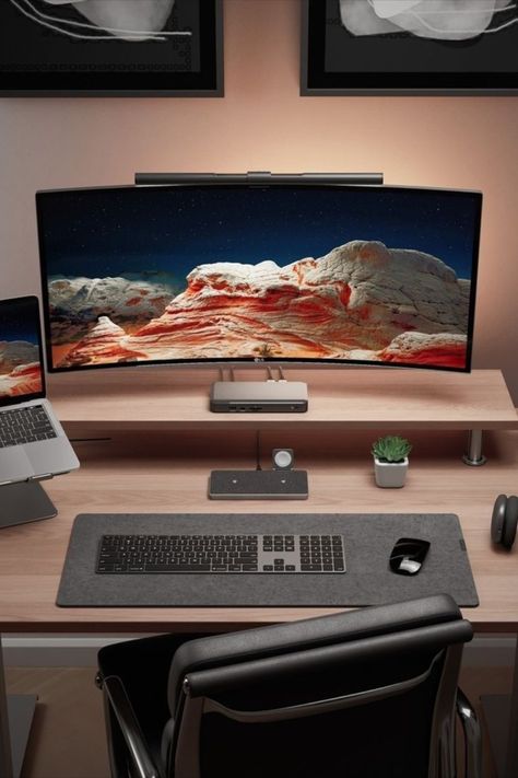 Benq Monitor Setup, Light Wood Desk Setup, Light Wood Desk, Minimalist Workspace, Workspace Setup, Modern Wood Desk, Colorado Cabin, Setup Inspiration, Live Edge Desk