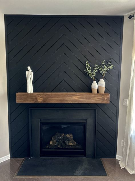 Fireplace Mantle Minimalist, Wood Black Home Decor, Black Fireplace Wall Corner, Black Tile And Shiplap Fireplace, Black Fireplace In Bedroom, Textures Fireplace Wall, Black White And Wood Fireplace, Black Faux Fireplace Mantel, Accent Wall Mantle