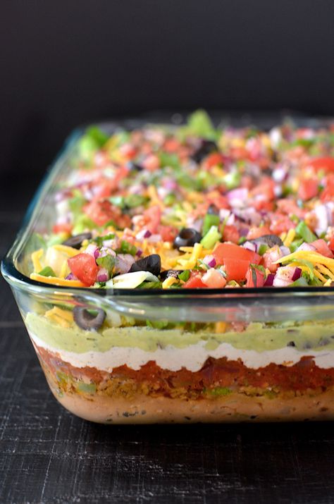 Easy Beans, Layered Taco Dip, Tortilla Chip, Seven Layer Dip, Vegan Party Food, Party Dip, Vegan Party, Layer Dip, Vegan Dip