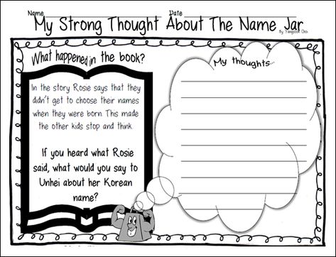 20 Reading Skills to Teach with The Name Jar and a free graphic organizer to record a "strong thought" about the book The Name Jar Activities Free, The Name Jar Activities, Jar Activities, The Name Jar, Critical Literacy, Free Graphic Organizers, Text To Text Connections, Shared Reading, Australian Curriculum