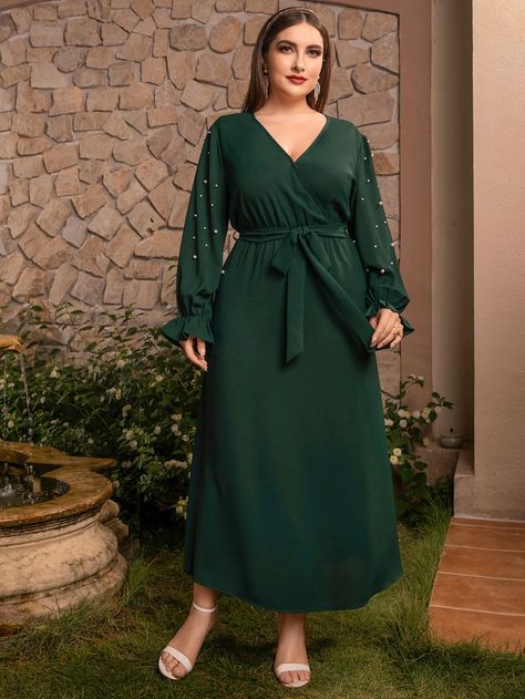 Dark Green Elegant  Long Sleeve Polyester Plain A Line Embellished Non-Stretch Spring/Fall Plus Size Dresses Green Dress With Sleeves, Dark Green Midi Dress, Midi Dress Plus Size, Fall Plus Size, Plus Size Formal, Bridesmaid Dress Styles, Flounce Sleeve, Green Midi Dress, Dress Plus Size