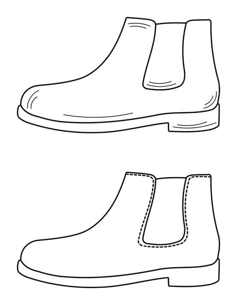 Silhouette outline sketch drawing of mens chelsea boots. Model of mens shoes. Isolated vector Shoe Sketches Drawings, Boot Sketch, Shoe Outline, Boot Drawing, Boots Drawing, Mens Chelsea Boots, Shoe Drawing, Easter Templates Printables, Silhouette Outline