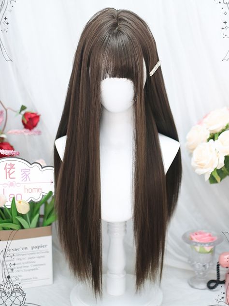 Achieve the perfect sleek and chic hairstyle with our dark brown long straight synthetic wig. The air bangs add a touch of youthful charm and the dark brown color complements a variety of skin tones. Made with high-quality synthetic fibers, this wig is easy to style and maintain. Whether you're looking to switch up your look for a special occasion or simply want to experiment with a new hairstyle, this wig is a versatile and stylish choice.   Please note that this product includes the wig only. Garment Size SizeFree SizeHair Length65-70 Brown Hair Wig, Dark Brown Wig, Cool Hair Designs, Chic Hairstyle, Air Bangs, Double Ponytail, Pretty Hair Color, Hair Up Styles, New Hairstyle