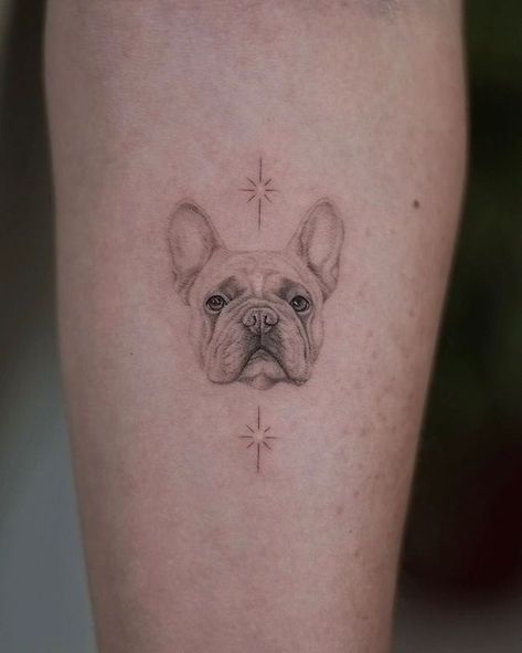 French Bulldog Portrait Tattoo, Single Needle Dog Tattoo, Dog Tattoo French Bulldog, Dog Portraits Tattoo, Realism Dog Tattoo, Dior Tattoos, French Bulldog Tattoo Minimalist, French Bulldog Tattoos, Frenchie Tattoos