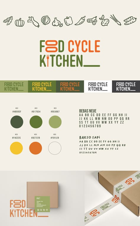 Food Cycle Kitchen Brand Identity Development Vegan Brand Identity, Visual Identity Restaurant, Friendly Brand Identity, Vegan Color Palette, Eco Friendly Color Palette, Food Brand Color Palette, Brand Identity Restaurant, Brand Identity Ideas, Food Brand Identity Design